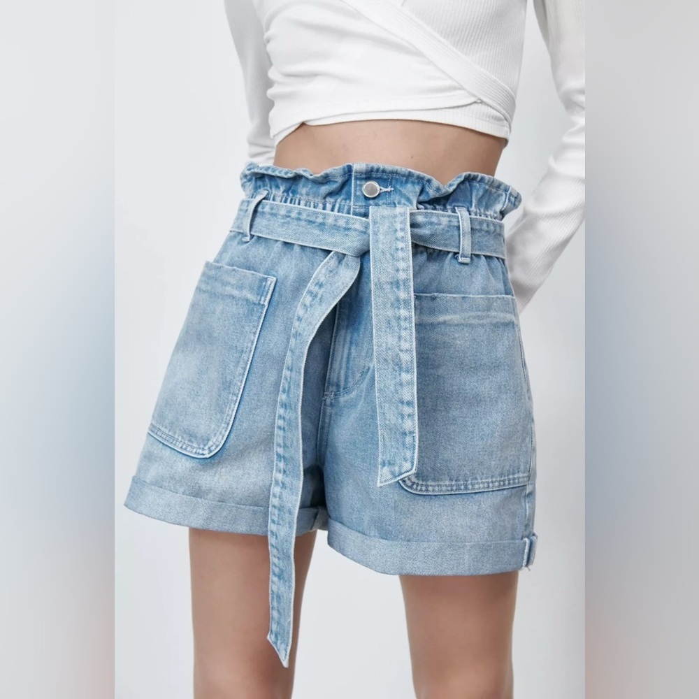 ZARA Denim Paperbag Waist Tie Belted High Rise Shorts 6 Utility Pockets Cuffed